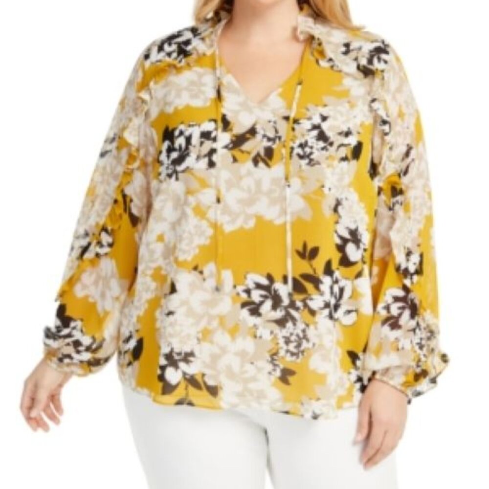 Calvin Klein Women S Floral Print Ruffle Top Yellow Size 3X